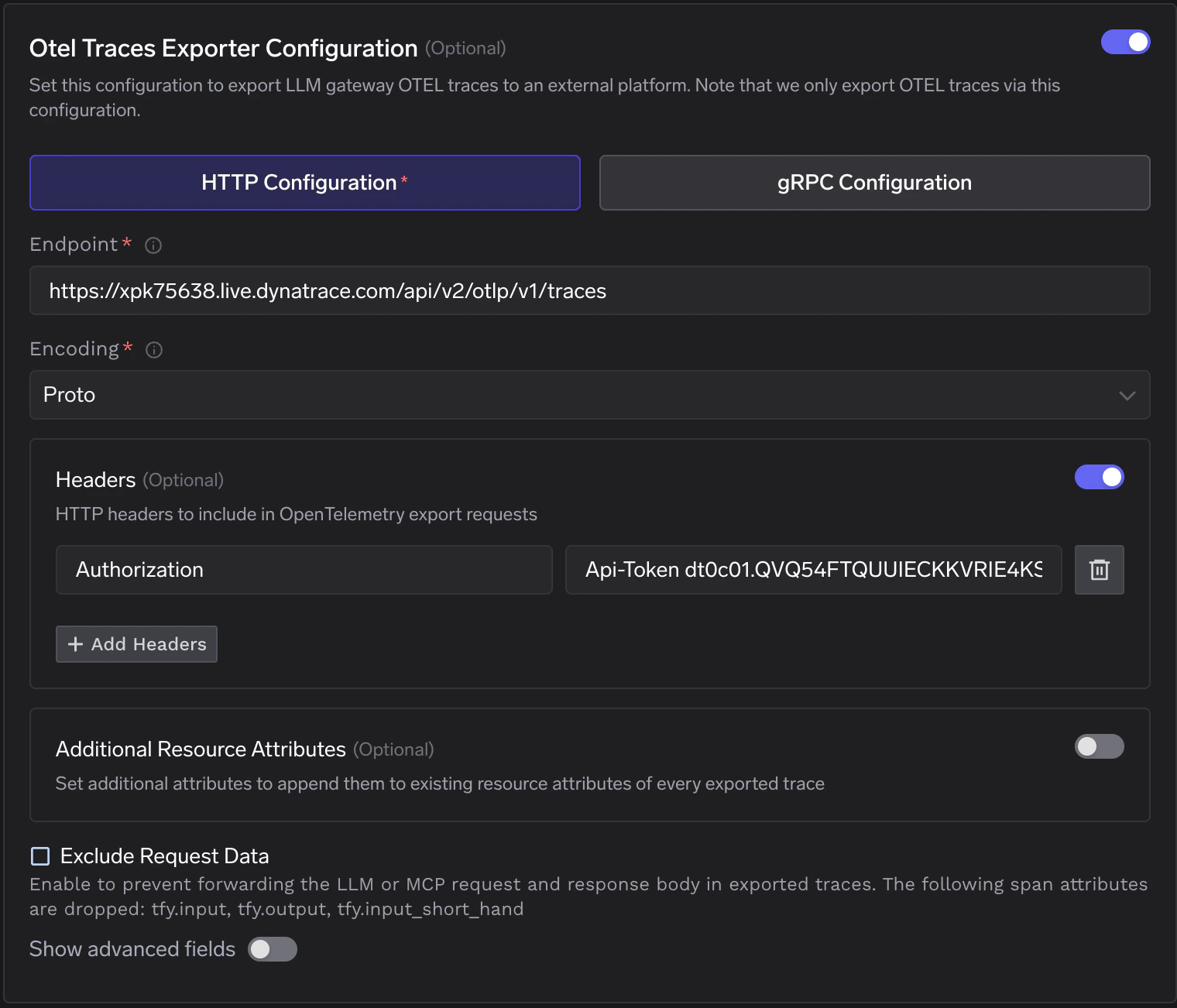 TrueFoundry OTEL Config form showing Dynatrace endpoint, Proto encoding, and Authorization header