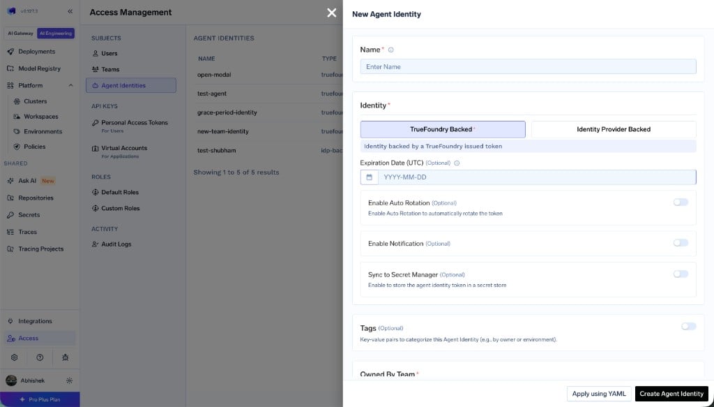 New Agent Identity form showing Name, Identity backing type (TrueFoundry Backed or Identity Provider Backed), expiration date, auto rotation, notification, sync to secret manager, tags, and owning team fields
