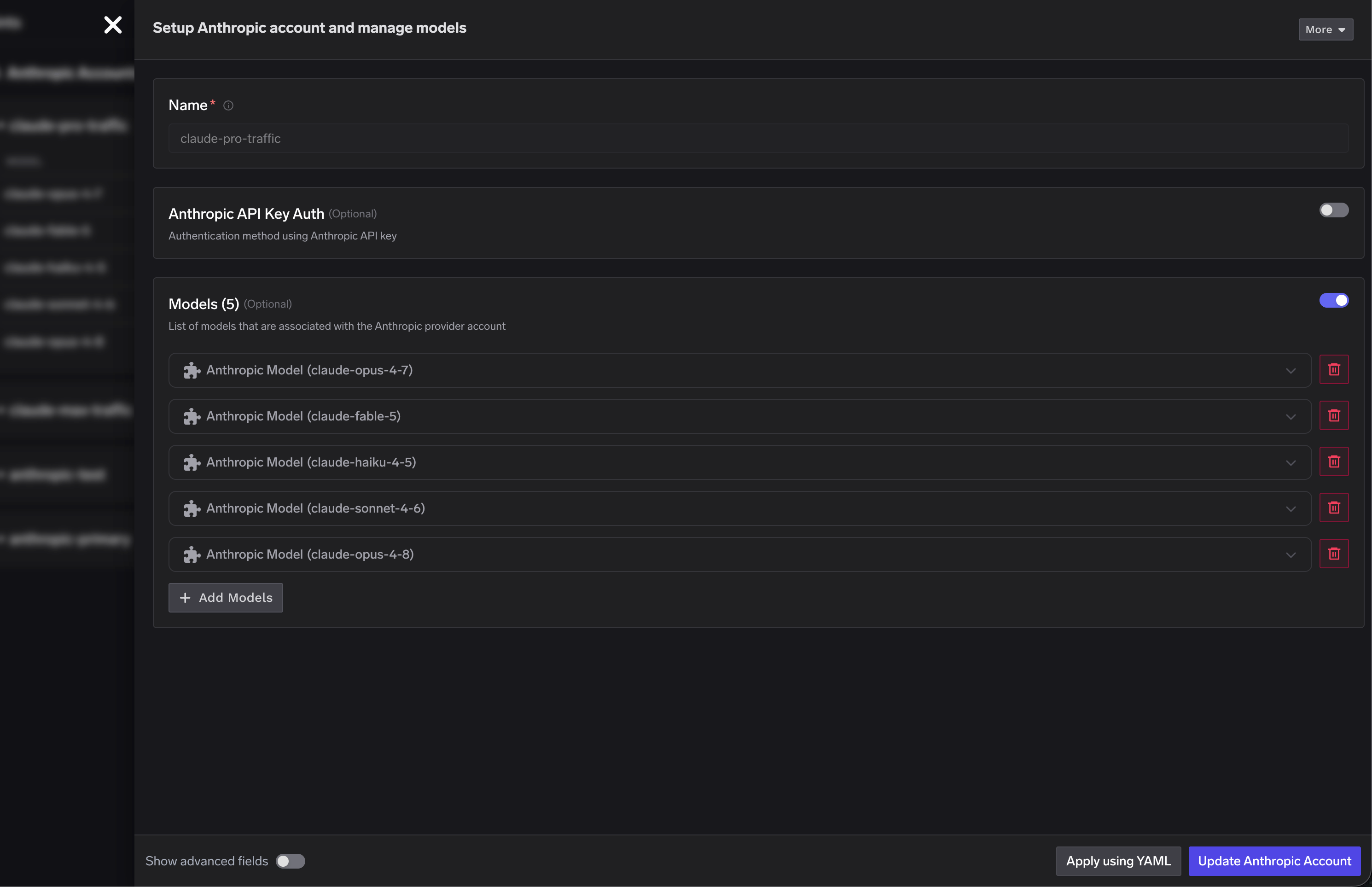 TrueFoundry Anthropic account setup with API Key Auth disabled and a list of Claude models for the Max subscription integration