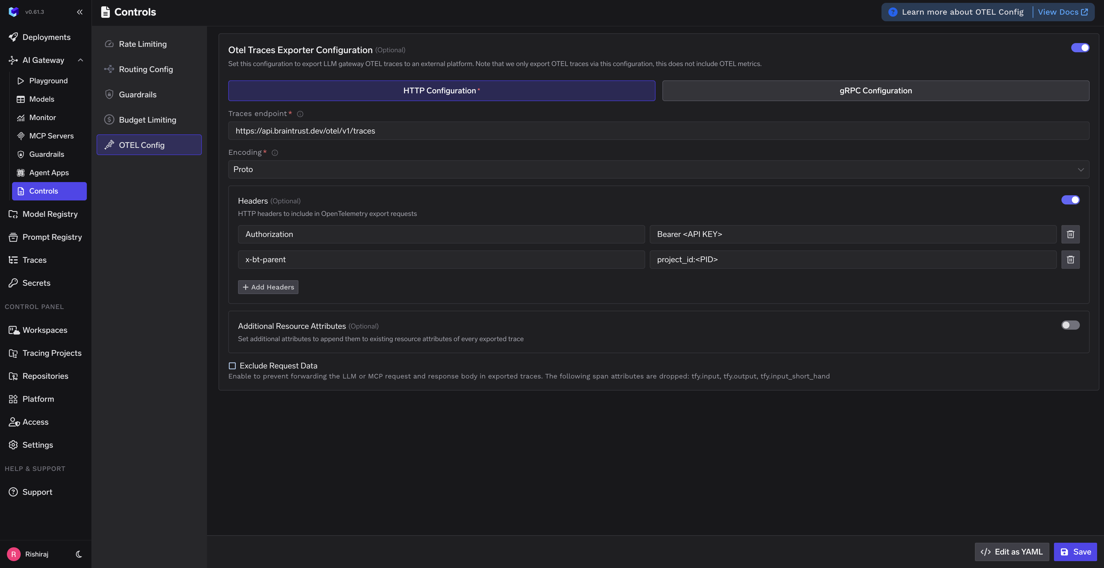 TrueFoundry OTEL Config page showing HTTP configuration with Braintrust endpoint and headers