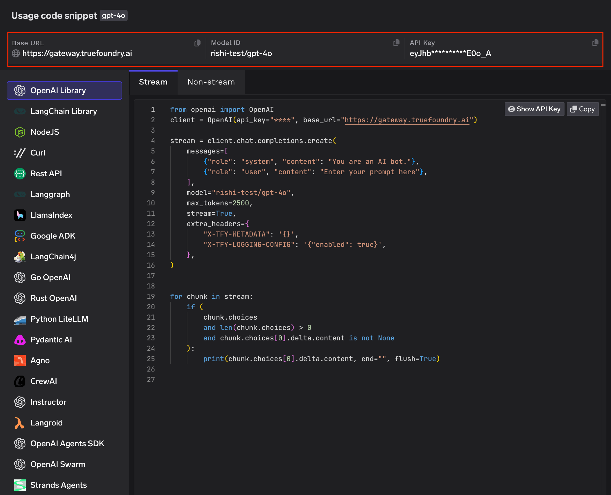 TrueFoundry Code Snippet panel showing Base URL, Model ID, API Key and ready-to-use code