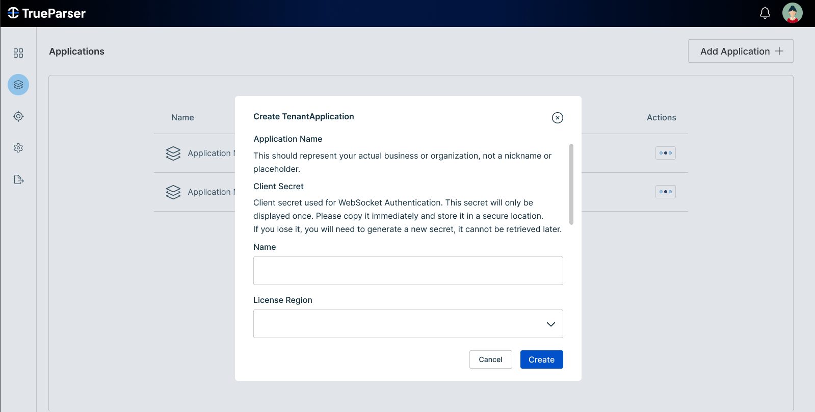 Create Tenant Application Modal