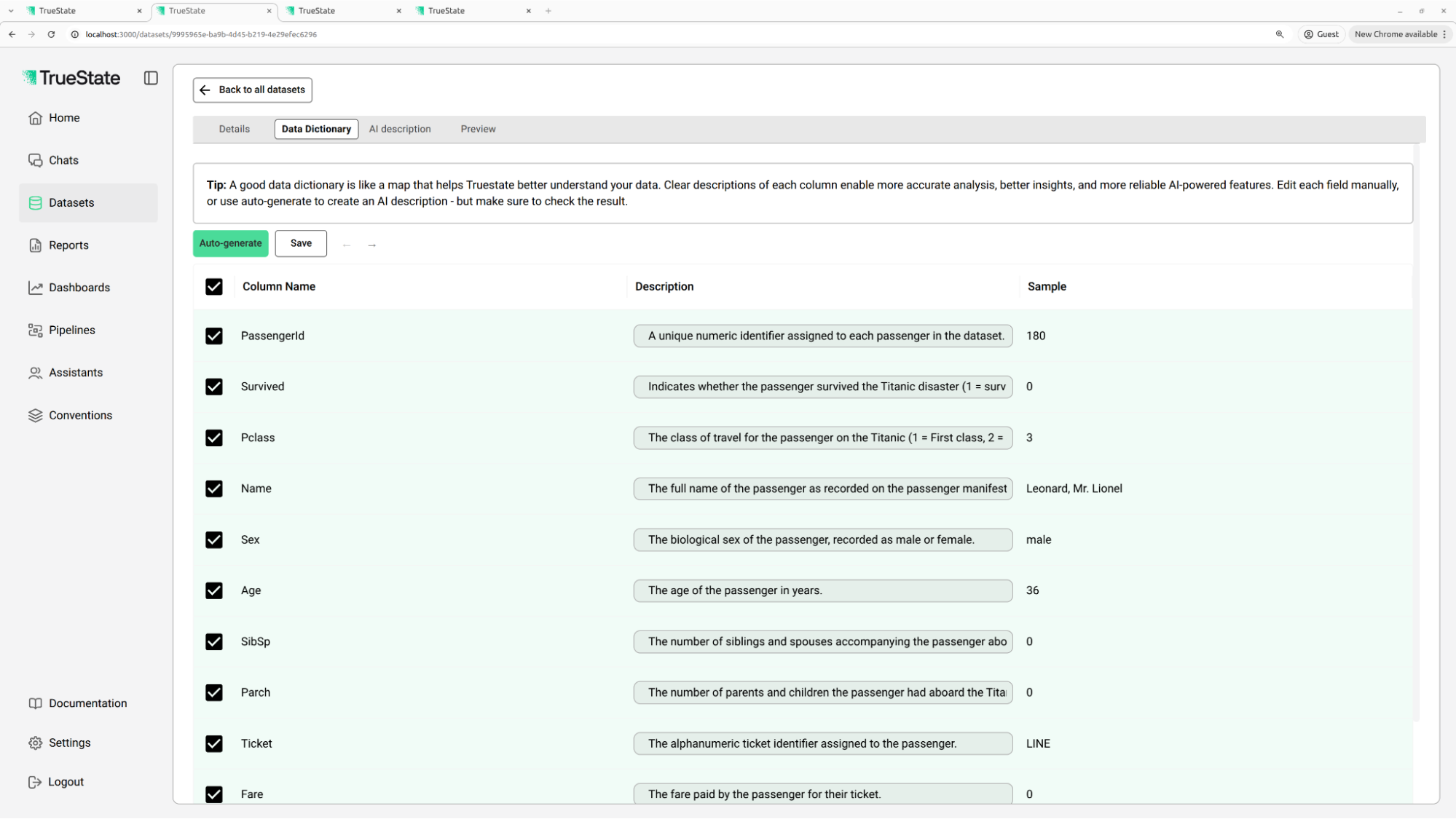 Dataset data dictionary configuration