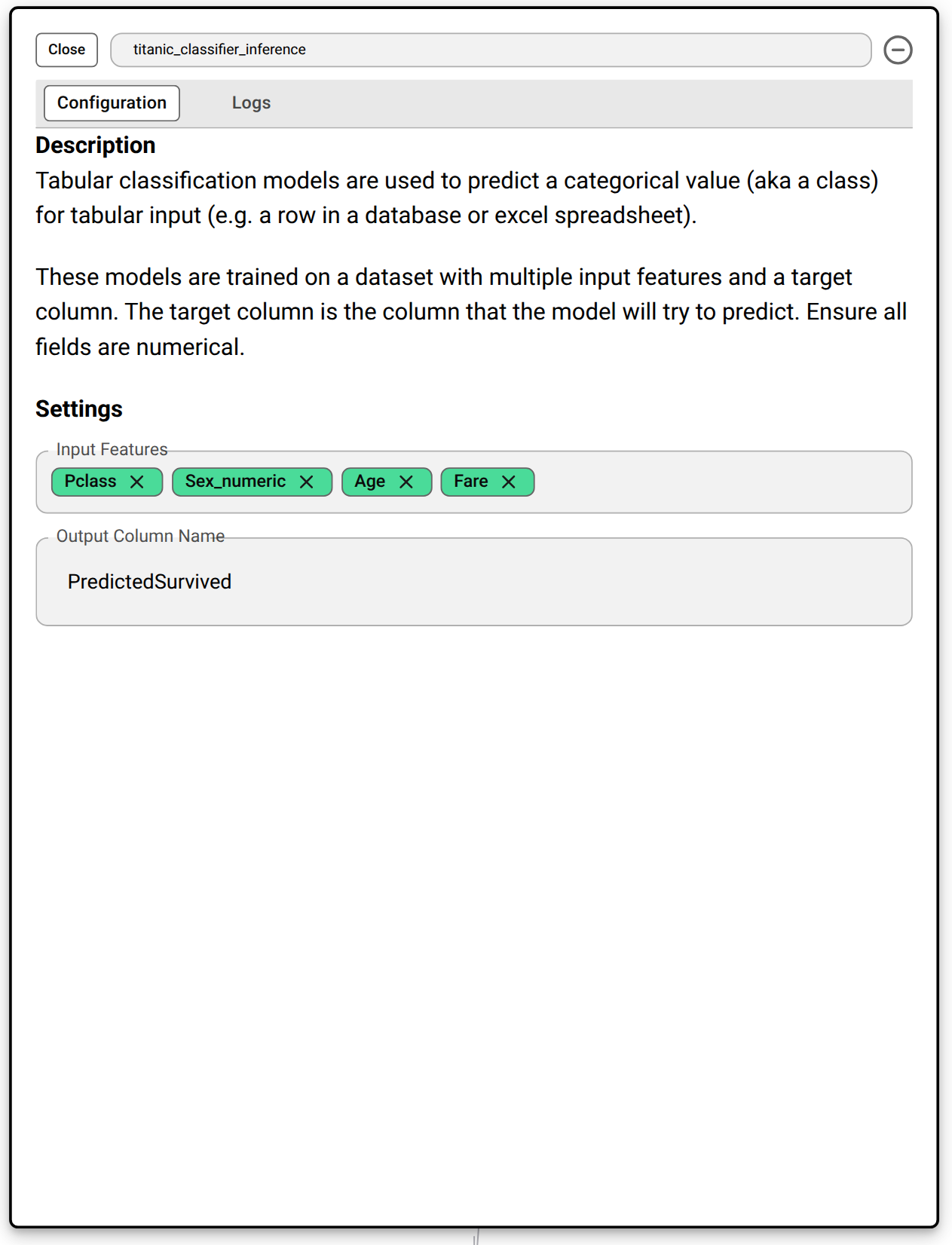 Regression inference node configuration