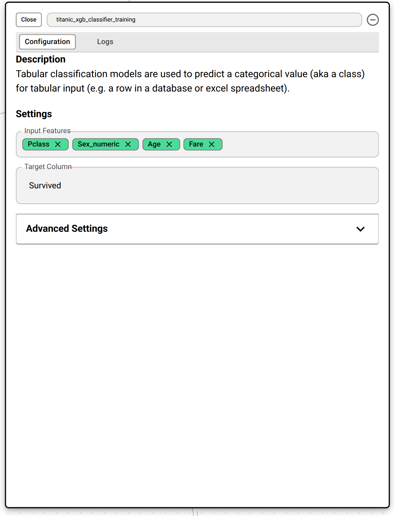 Regression training node configuration