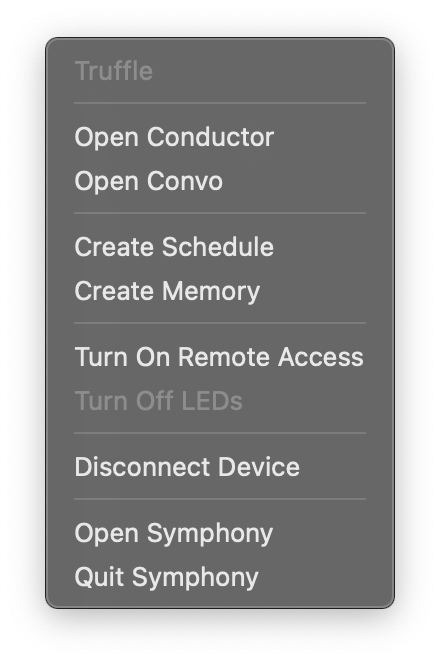 Symphony system tray menu with shortcuts and device controls.