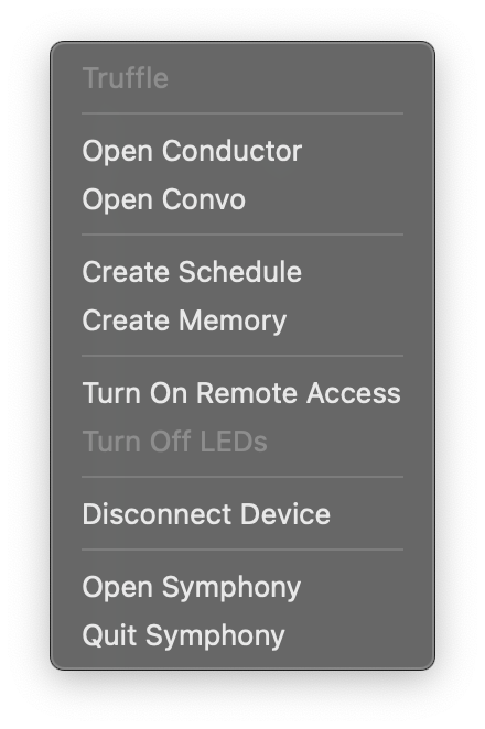 Symphony system tray menu with shortcuts and device controls.