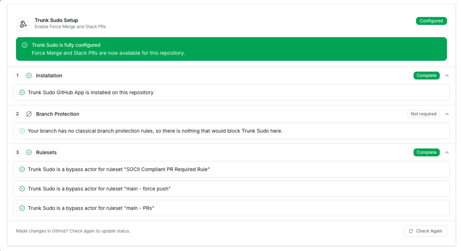 Trunk Sudo setup checklist in the Merge Queue settings page