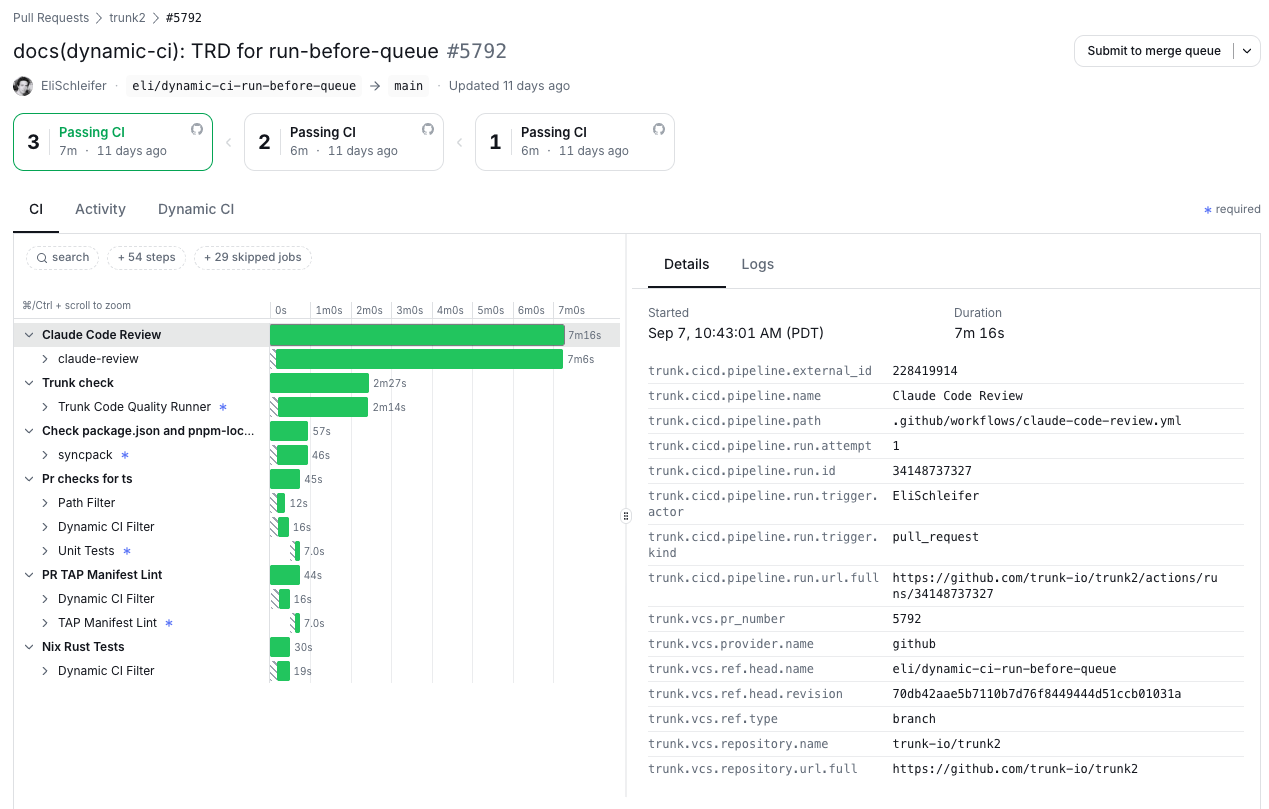 The pull request detail view, with the attempt picker above a waterfall of every job that ran on the selected commit