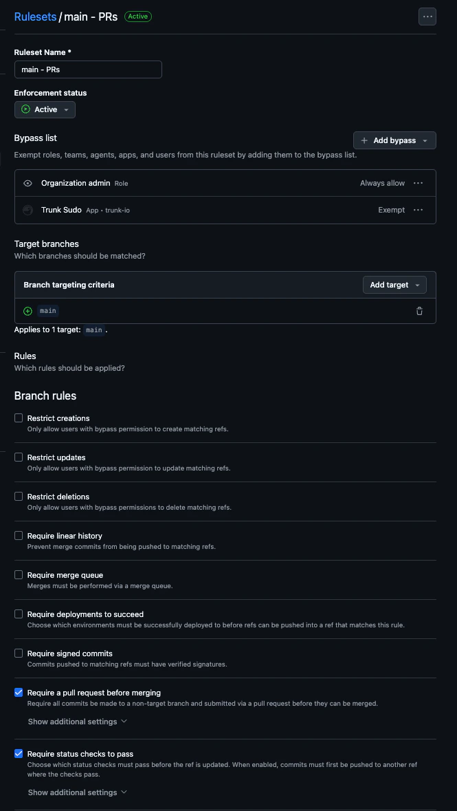 GitHub ruleset with Require a pull request before merging and Require status checks to pass enabled, Trunk.io not on the bypass list