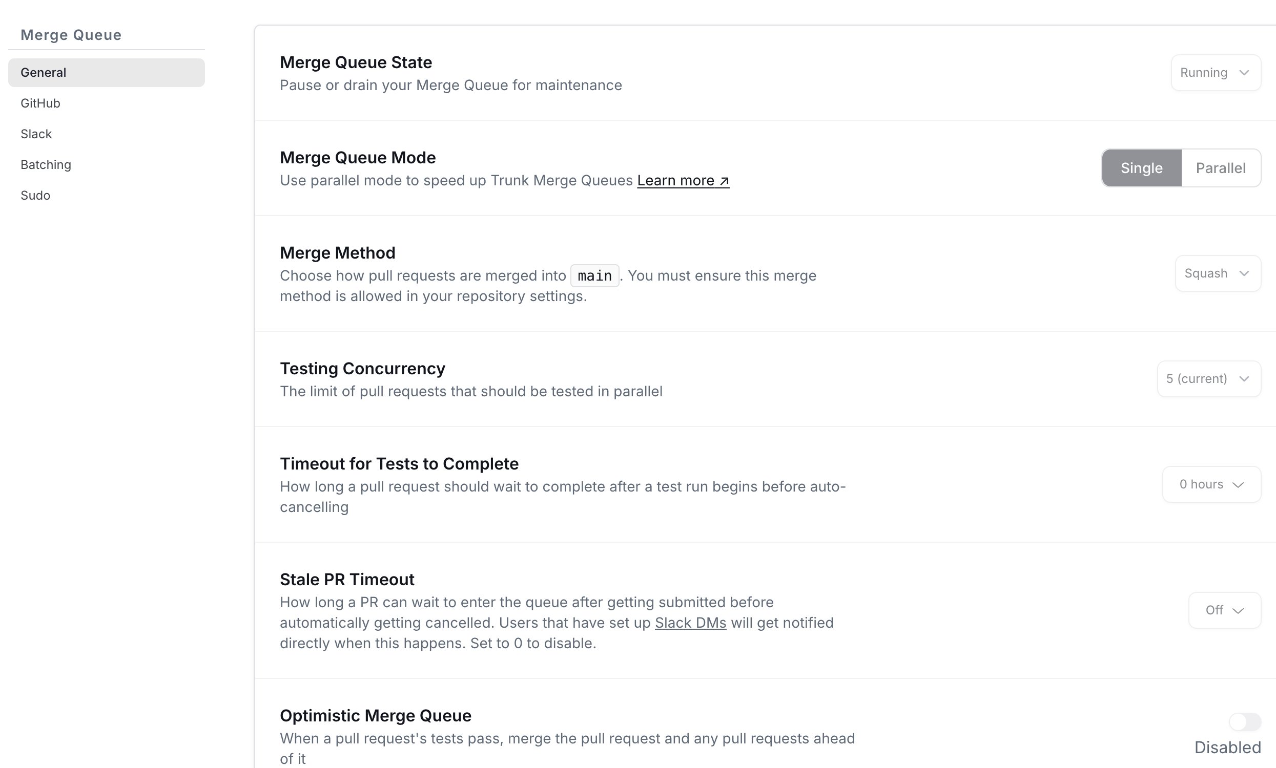 The Merge Queue settings page with a sidebar listing General, GitHub, Slack, Batching, and Sudo, showing the General section's controls.