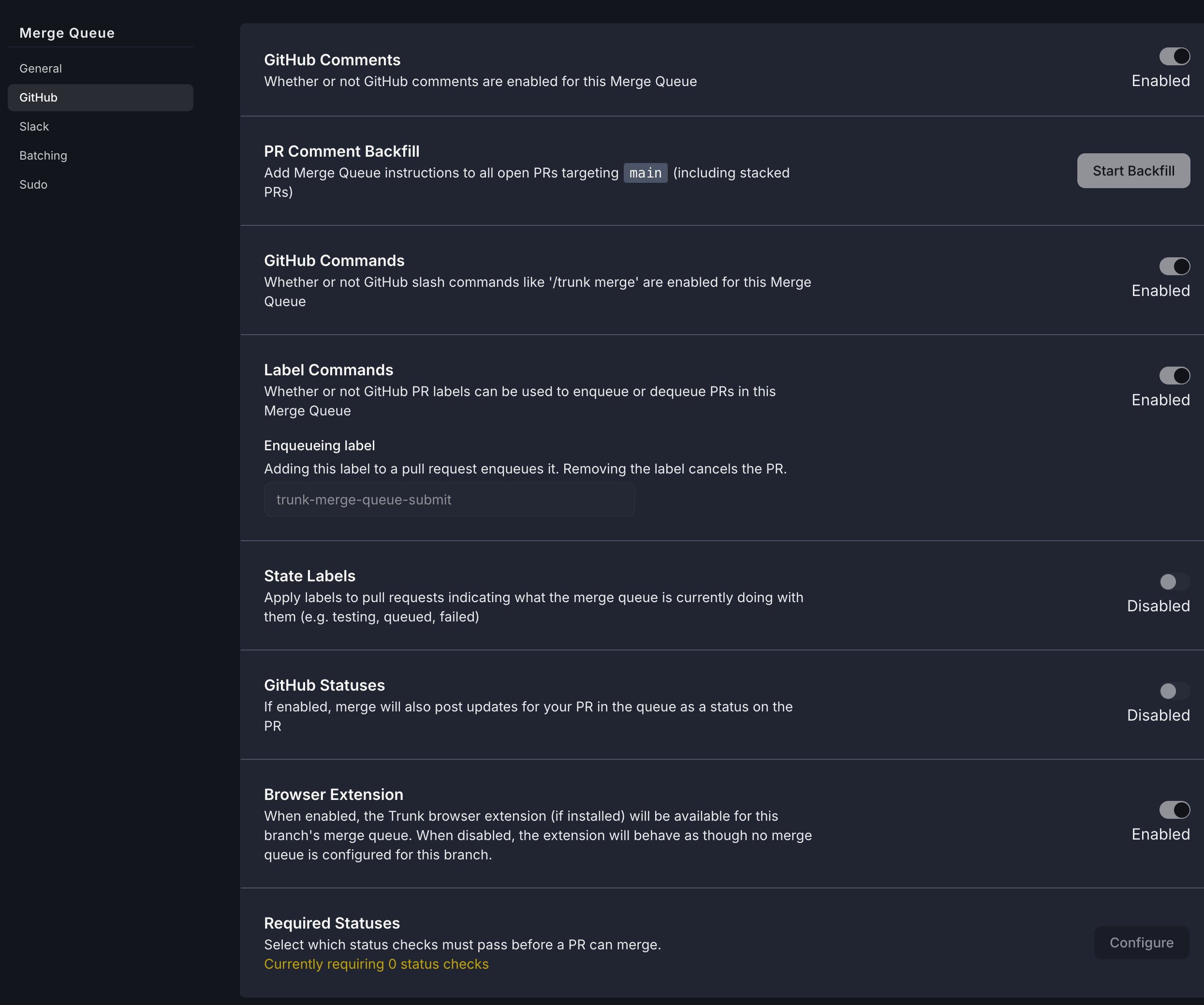 The GitHub section of Merge Queue settings showing GitHub Comments, Commands, Label Commands, State Labels, GitHub Statuses, Browser Extension, and Required Statuses with a Configure control.
