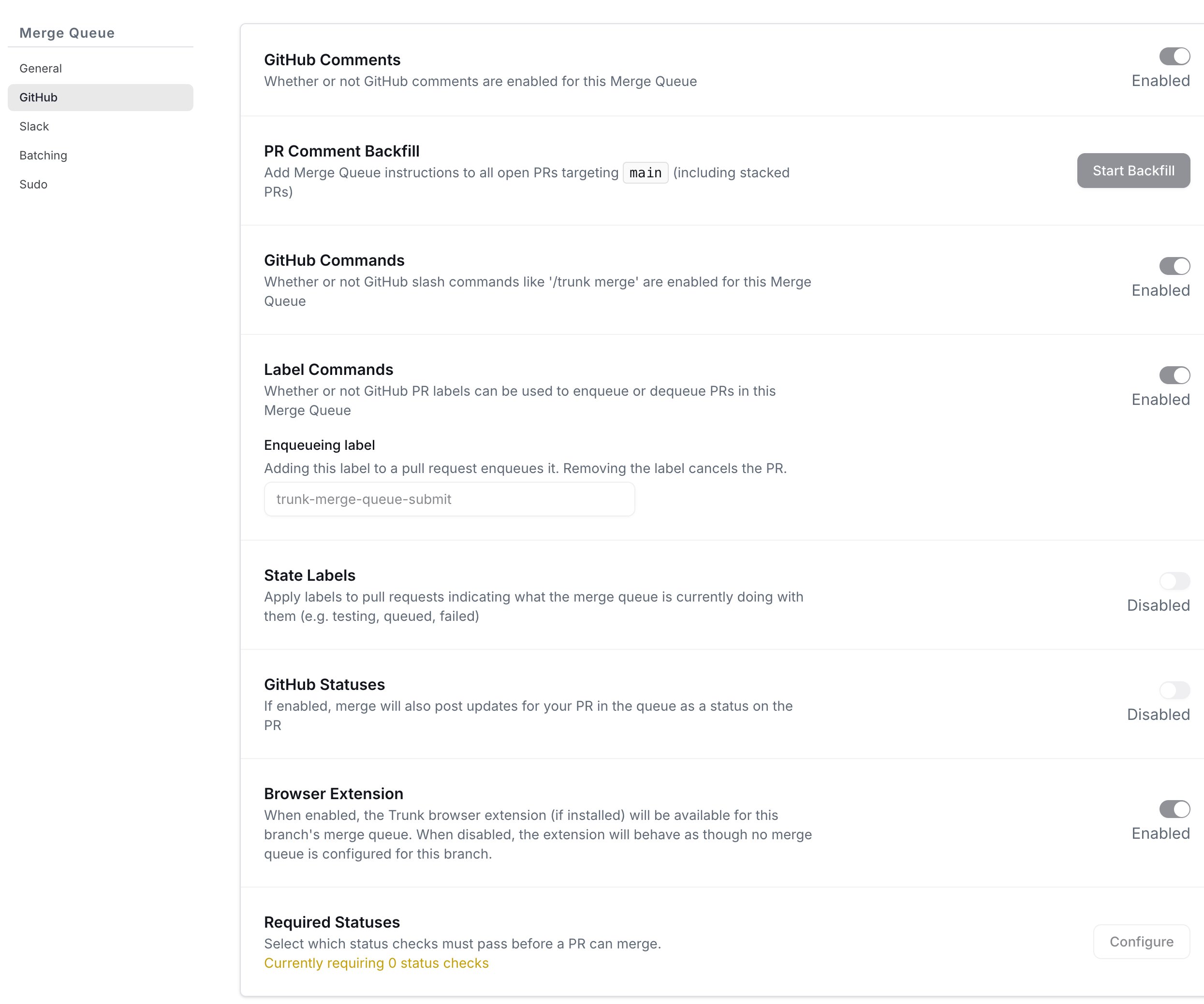 The GitHub section of Merge Queue settings showing GitHub Comments, Commands, Label Commands, State Labels, GitHub Statuses, Browser Extension, and Required Statuses with a Configure control.