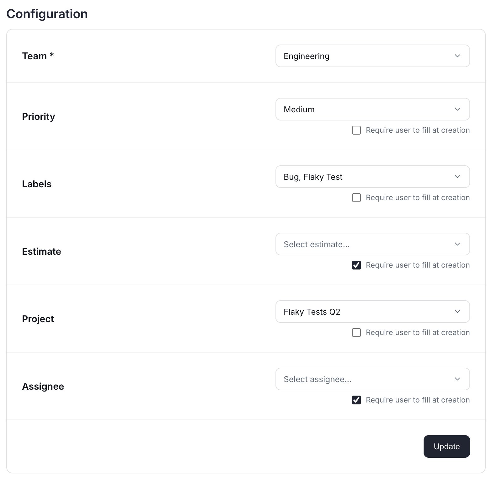 Linear integration settings showing field defaults for Priority, Labels, Estimate, Project, and Assignee