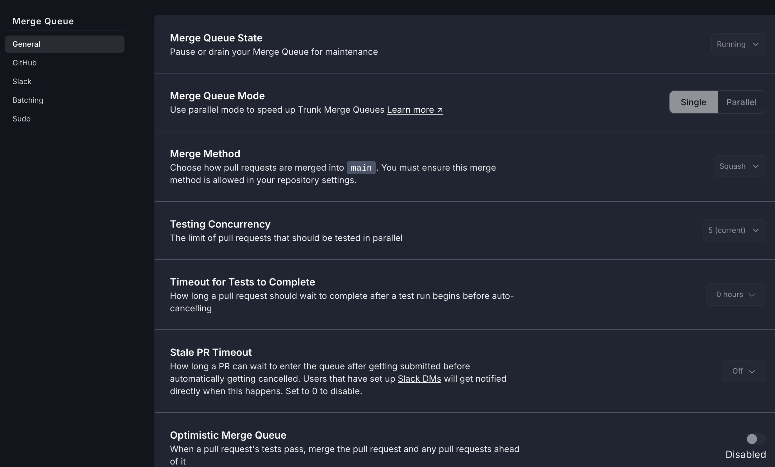 The Merge Queue settings page with a sidebar listing General, GitHub, Slack, Batching, and Sudo, showing the General section's controls.