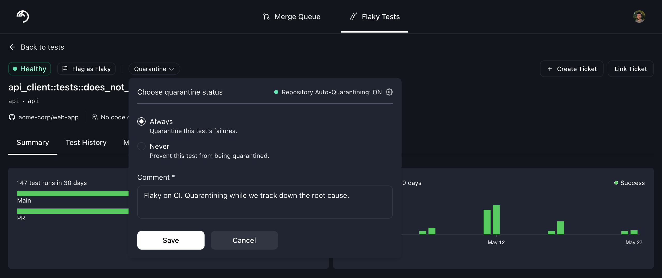 quarantine override on the test details page