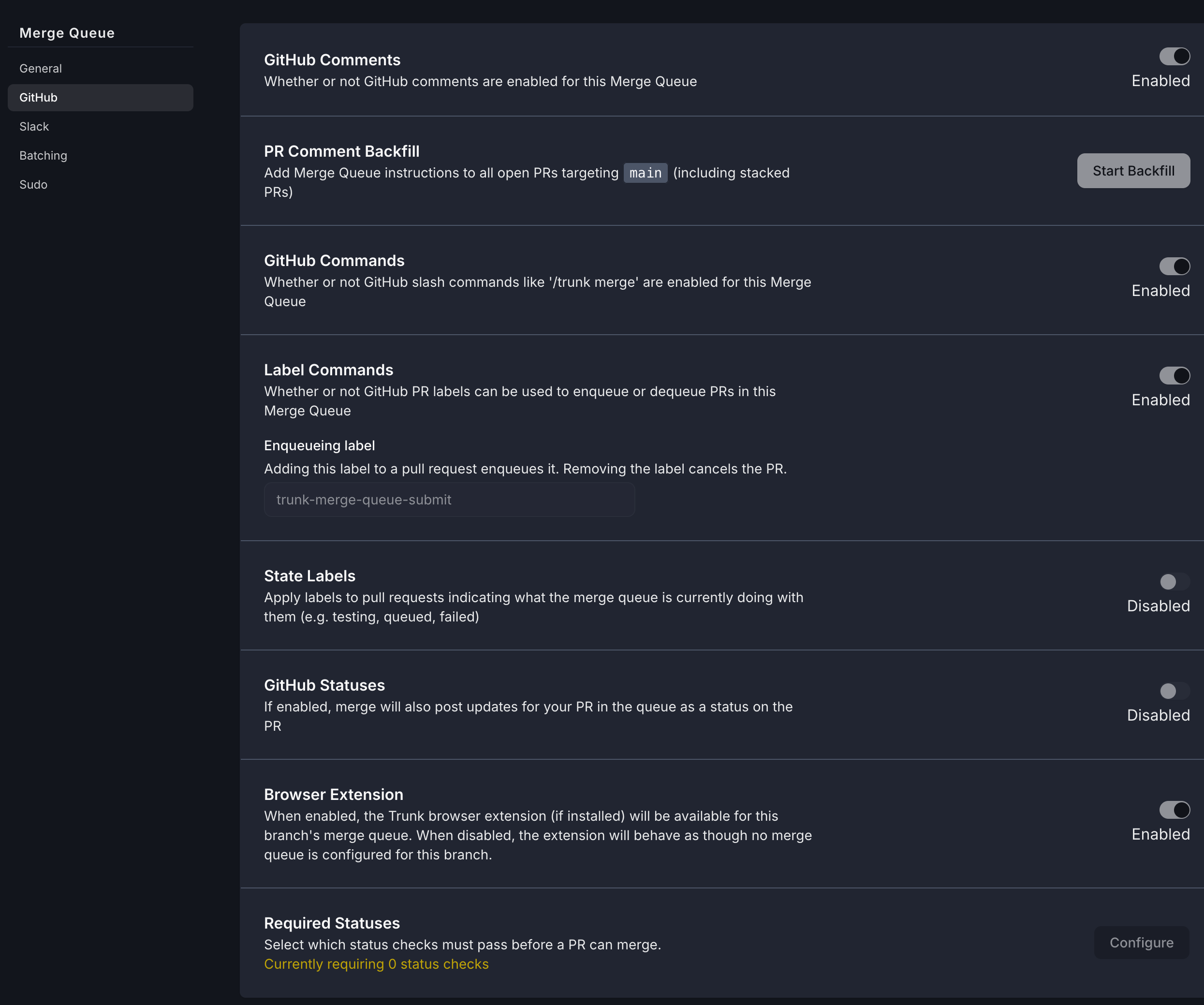 The GitHub section of Merge Queue settings showing GitHub Comments, Commands, Label Commands, State Labels, GitHub Statuses, Browser Extension, and Required Statuses with a Configure control.