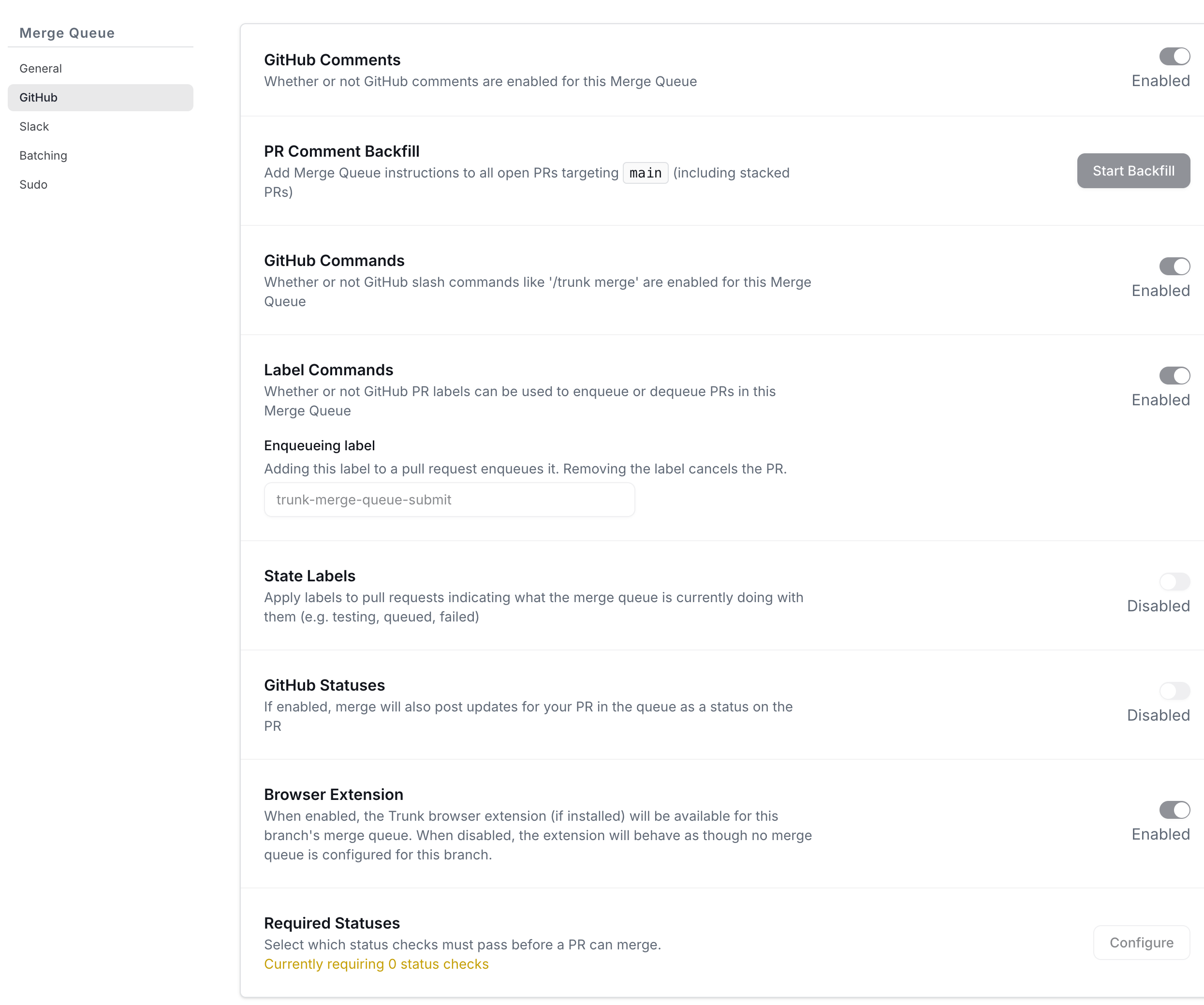 The GitHub section of Merge Queue settings showing GitHub Comments, Commands, Label Commands, State Labels, GitHub Statuses, Browser Extension, and Required Statuses with a Configure control.