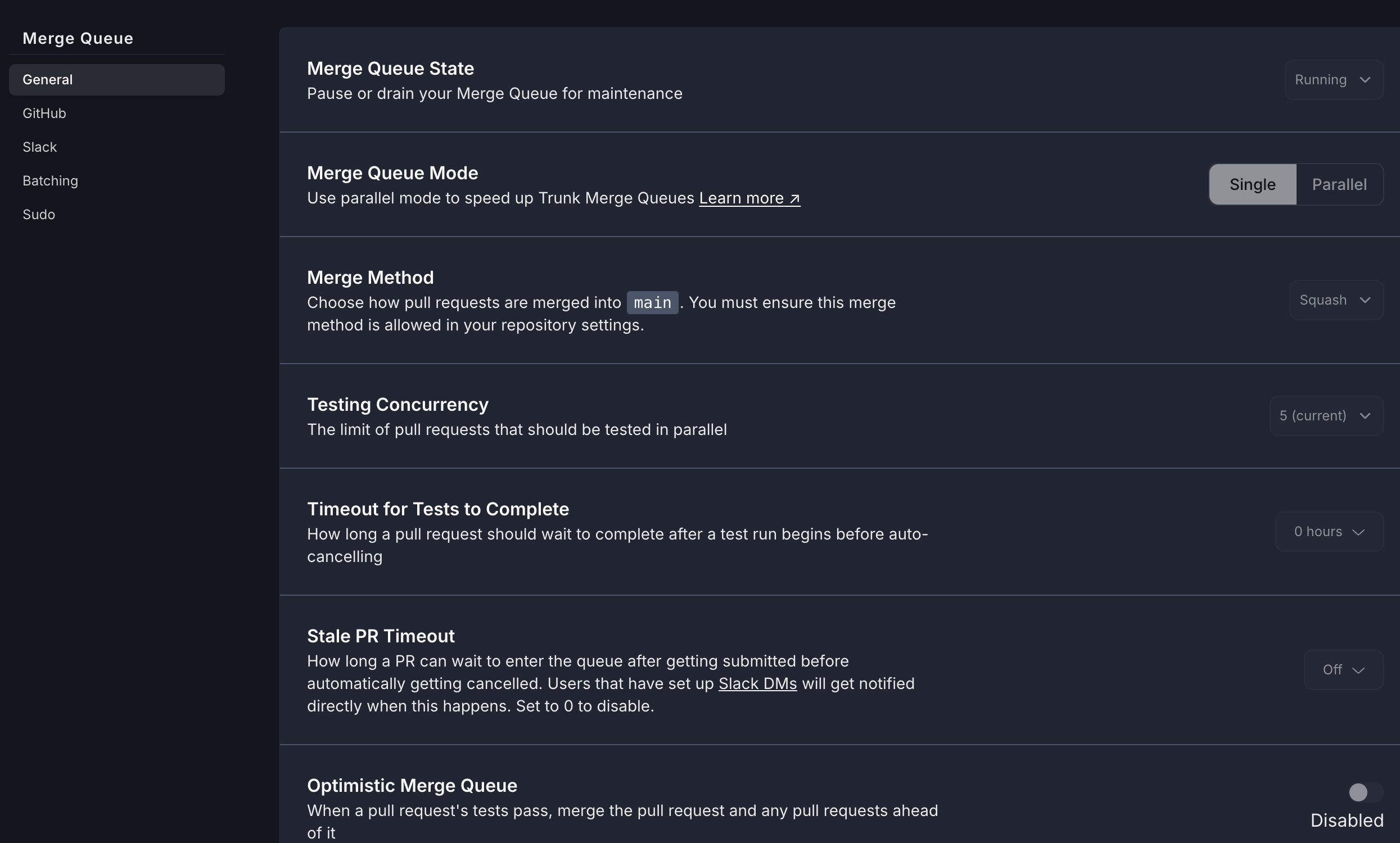 The Merge Queue settings page with a sidebar listing General, GitHub, Slack, Batching, and Sudo, showing the General section's controls.
