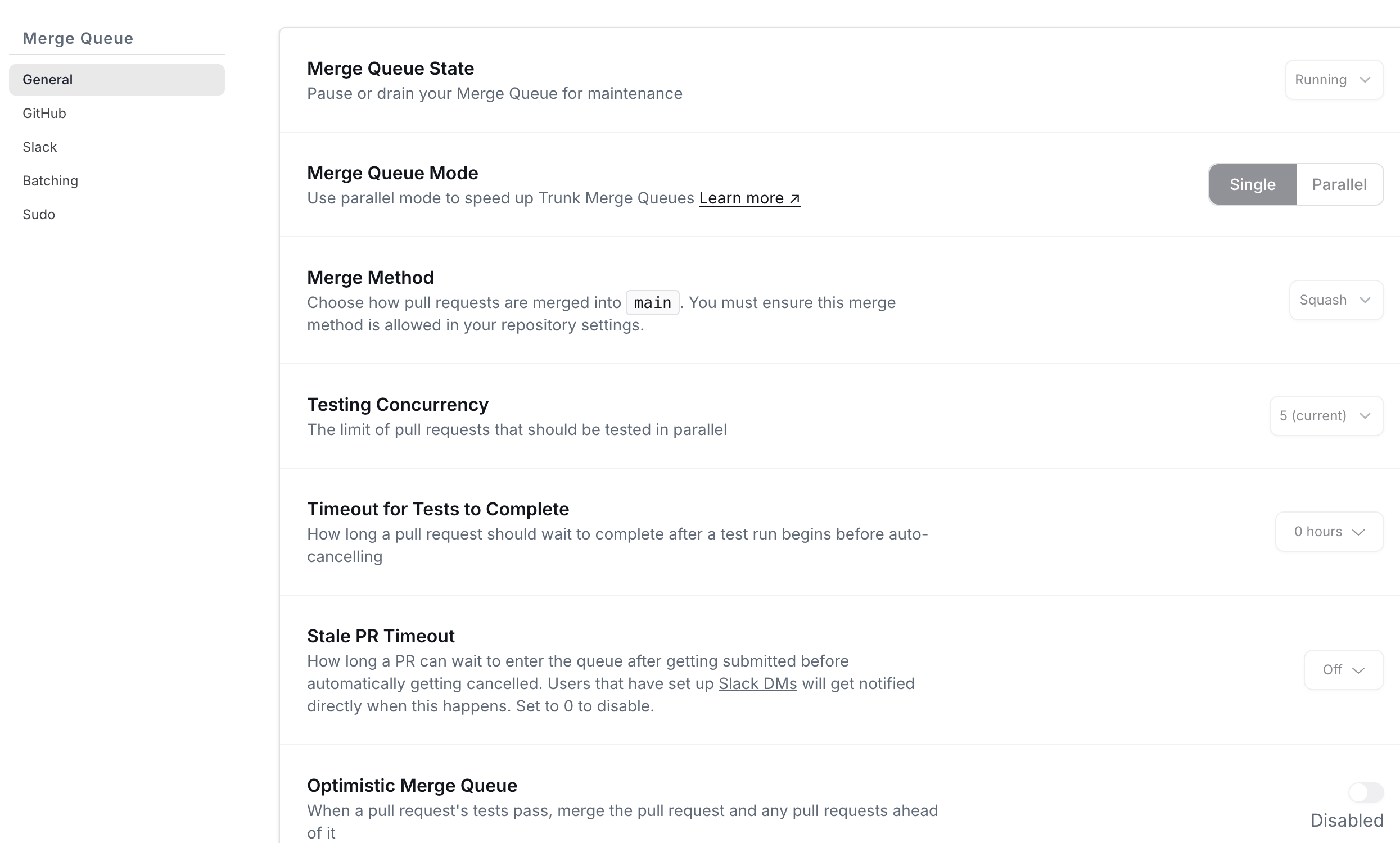 The Merge Queue settings page with a sidebar listing General, GitHub, Slack, Batching, and Sudo, showing the General section's controls.