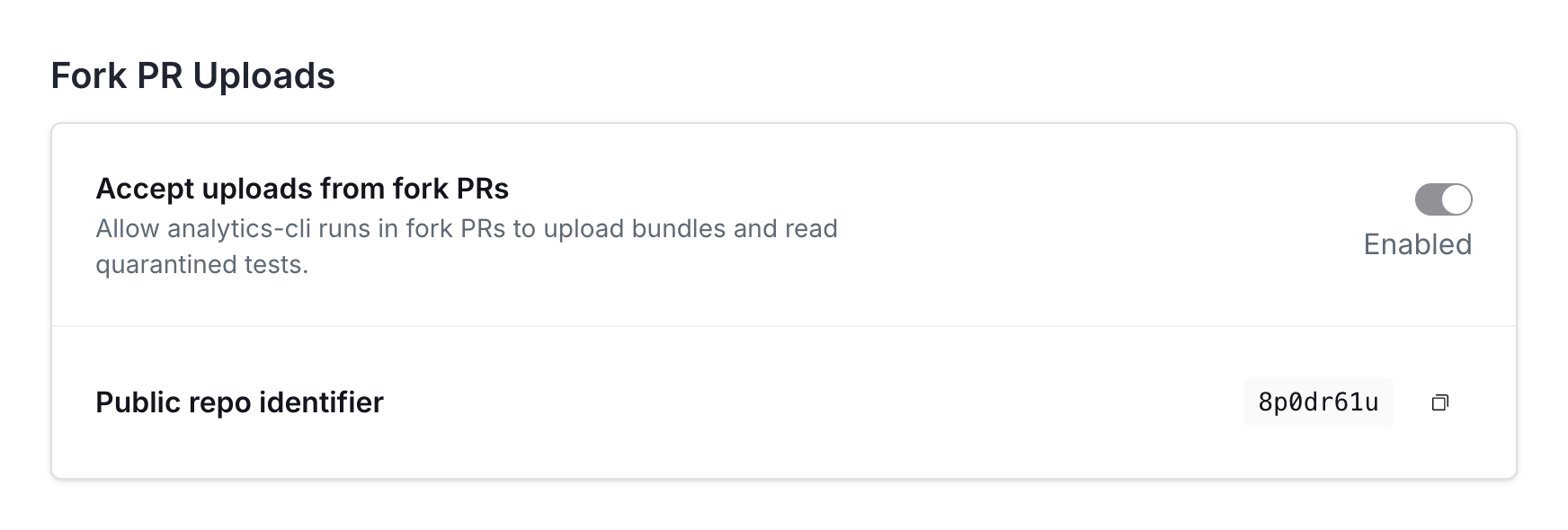 The Fork PR Uploads setting in a repository's Flaky Tests settings, showing the enabled toggle and the public repo identifier
