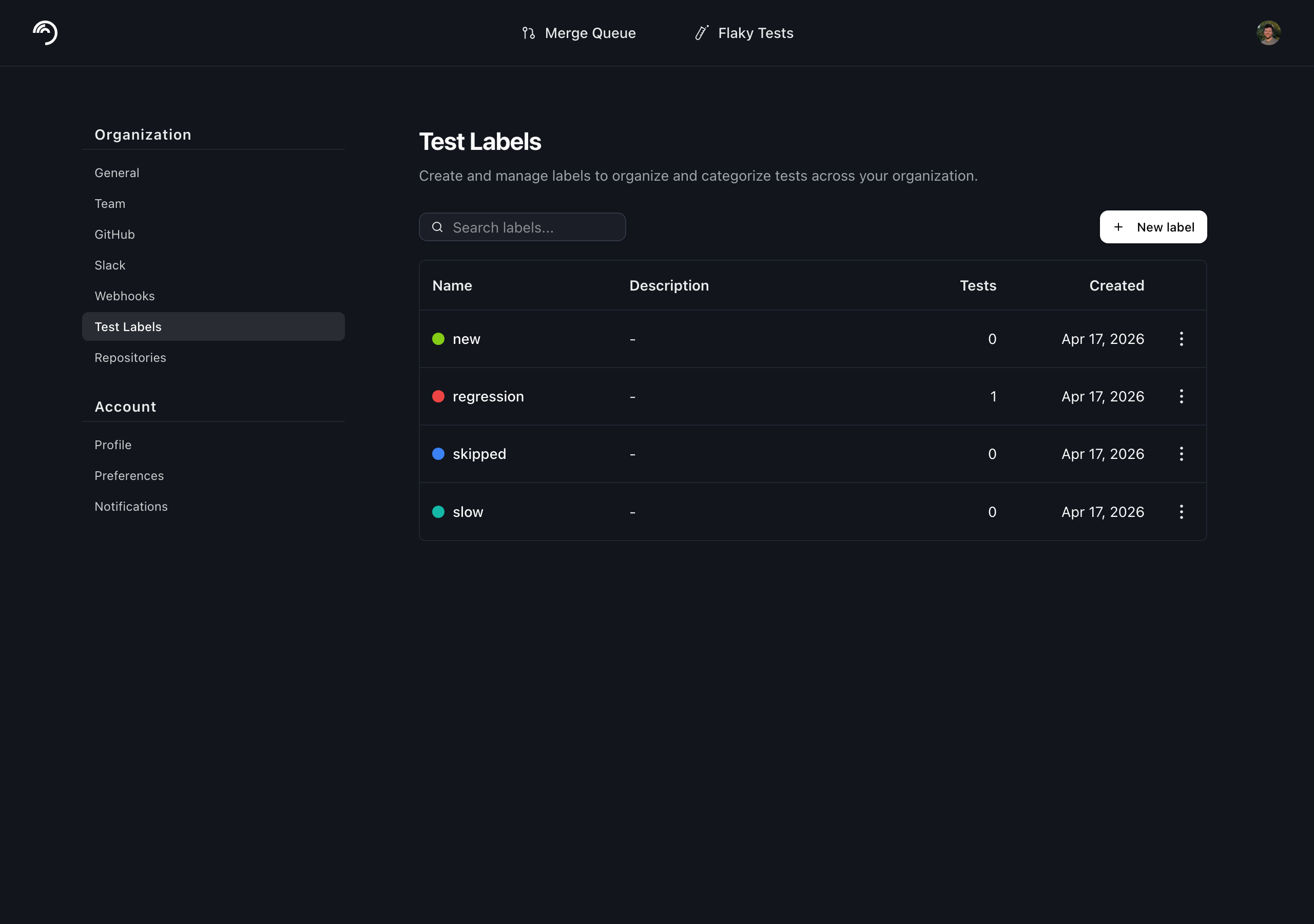 Labels applied to a test on details page