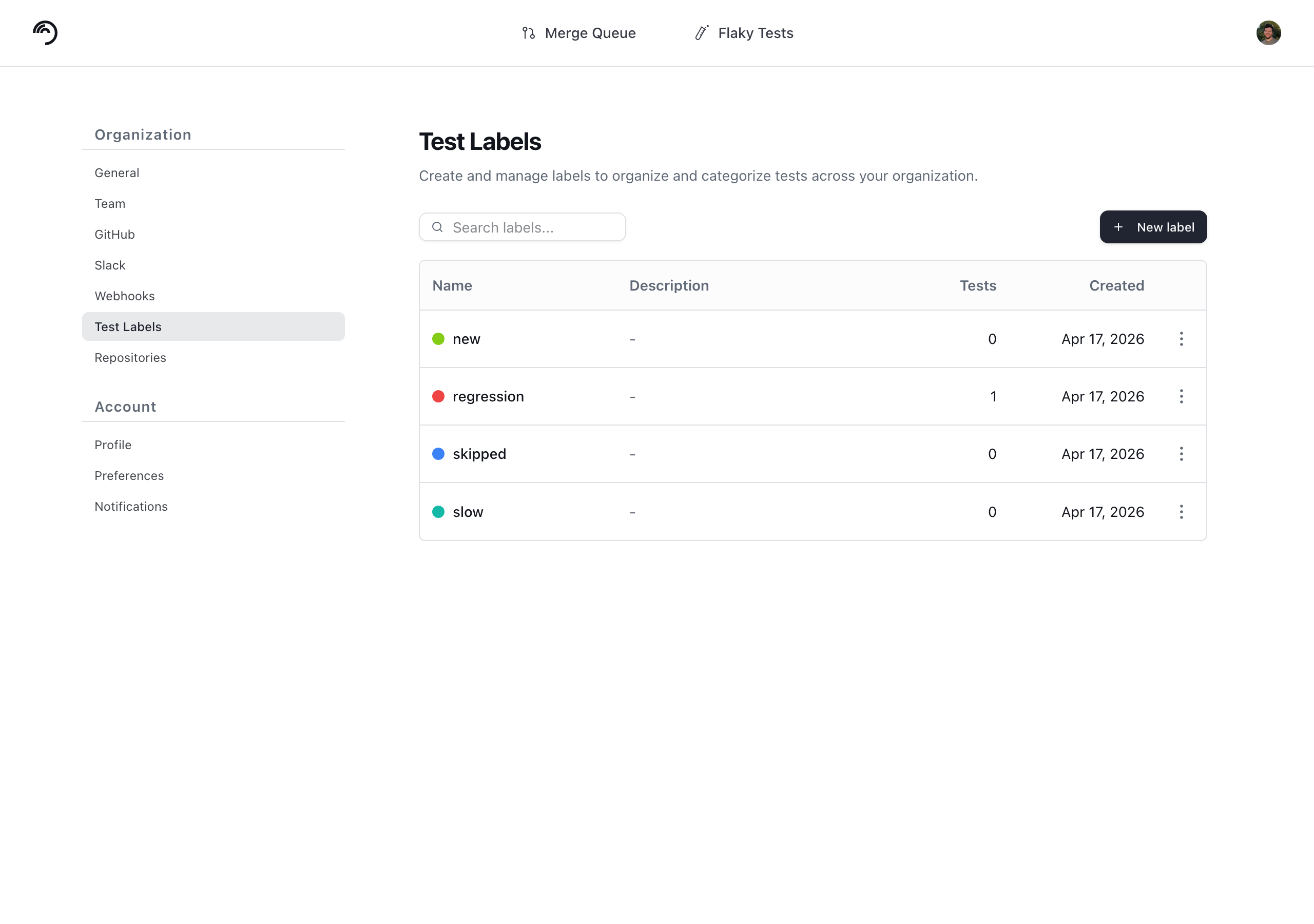 Labels applied to a test on details page