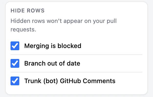 The Hide rows settings card in the Trunk extension popup, with toggles for Merging is blocked, Branch out of date, and Trunk (bot) GitHub Comments