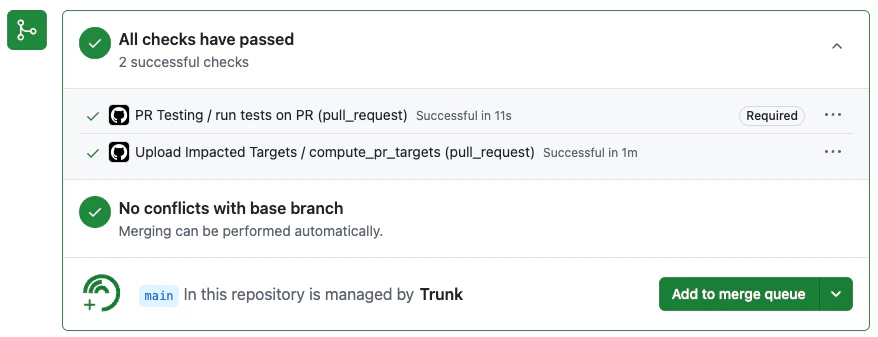 Trunk Merge Queue panel on a GitHub pull request