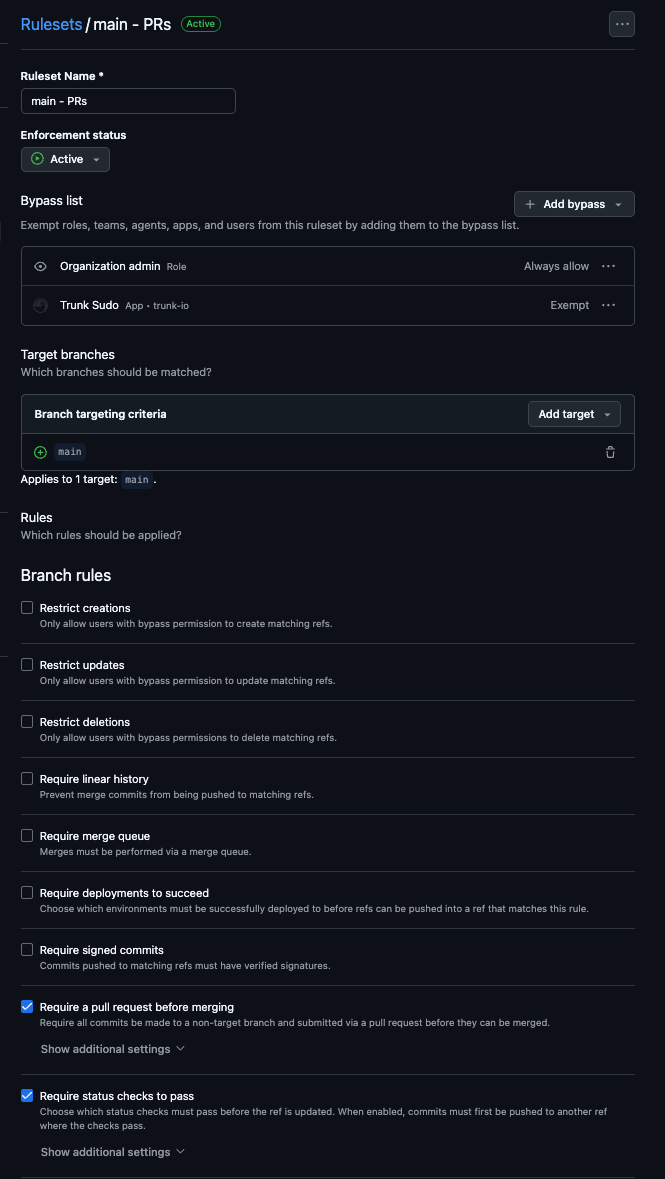 GitHub ruleset with Require a pull request before merging and Require status
checks to pass enabled, Trunk.io not on the bypass
list