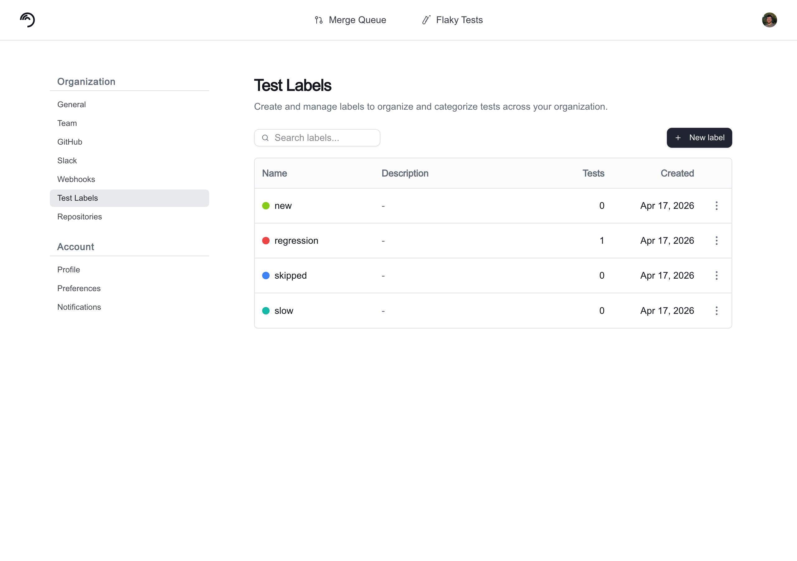 Settings page to manage test labels