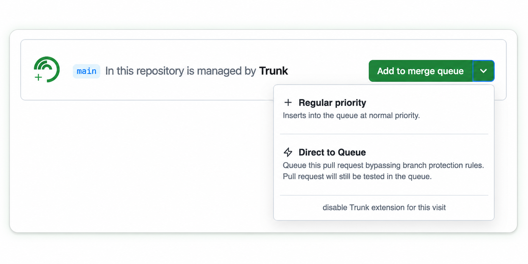 The Trunk browser extension's Add to merge queue menu, with Regular priority and Direct to Queue options