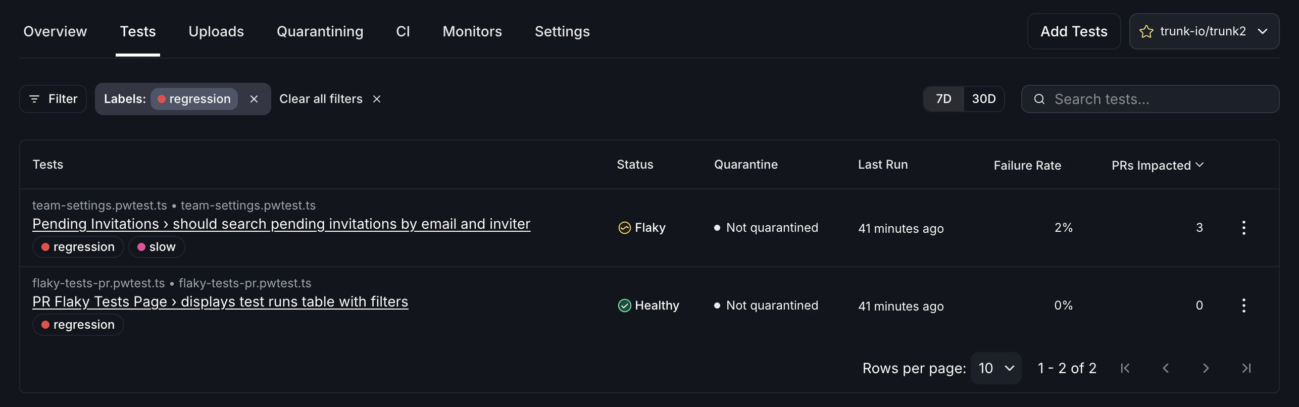 Filter tests to those that have specified label applied
