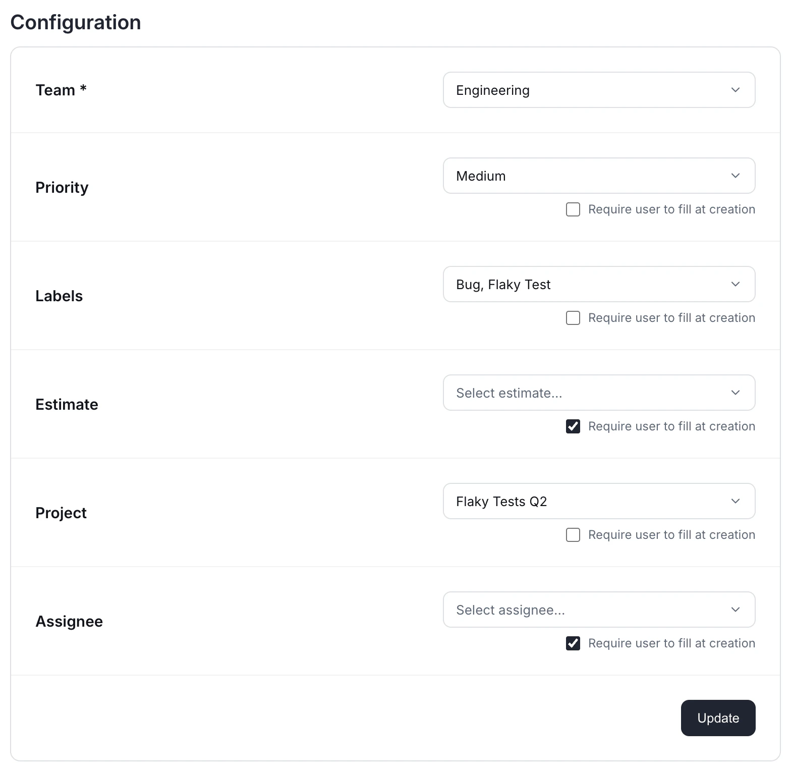Linear integration settings showing field defaults for Priority, Labels, Estimate, Project, and Assignee