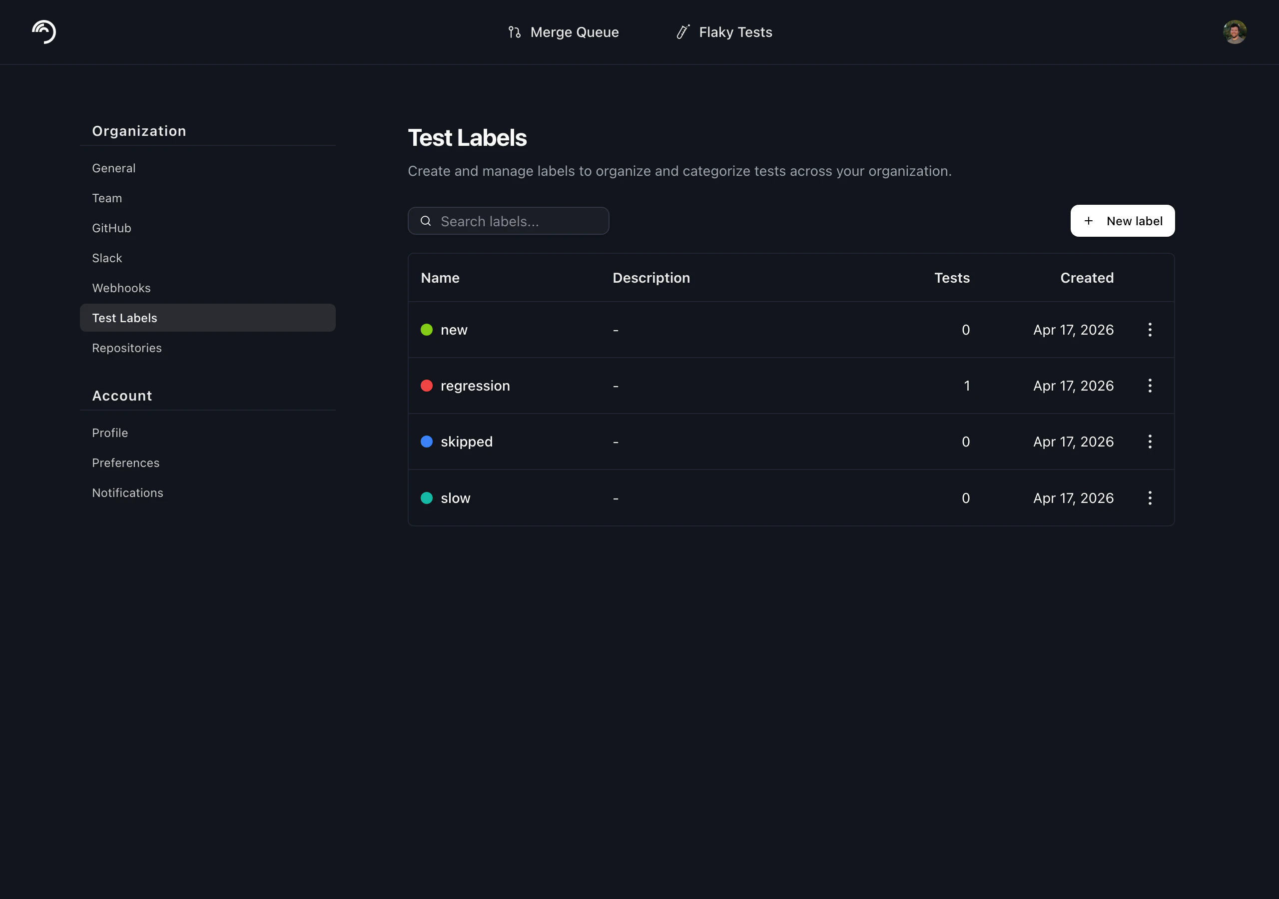 Labels applied to a test on details page