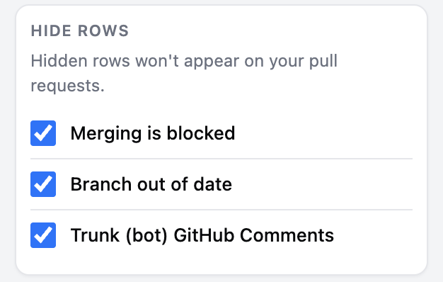 The Hide rows settings card in the Trunk extension popup, with toggles for Merging is blocked, Branch out of date, and Trunk (bot) GitHub Comments
