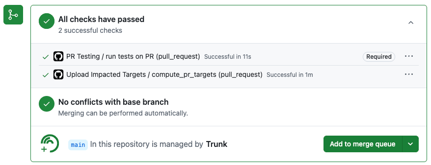 Trunk Merge Queue panel on a GitHub pull request
