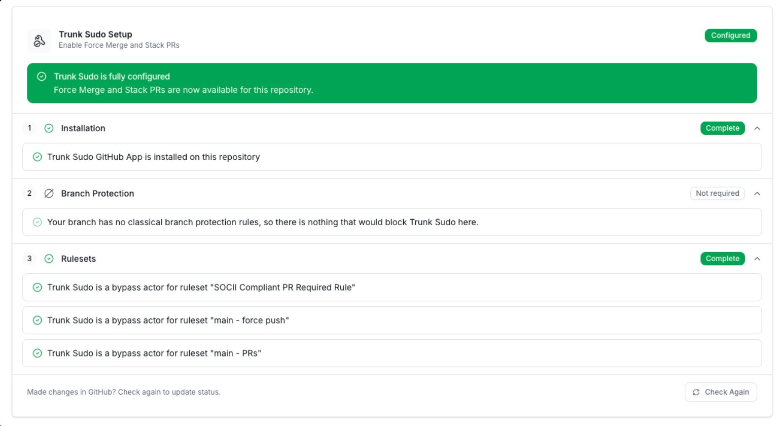 Trunk Sudo setup checklist in the Merge Queue settings page