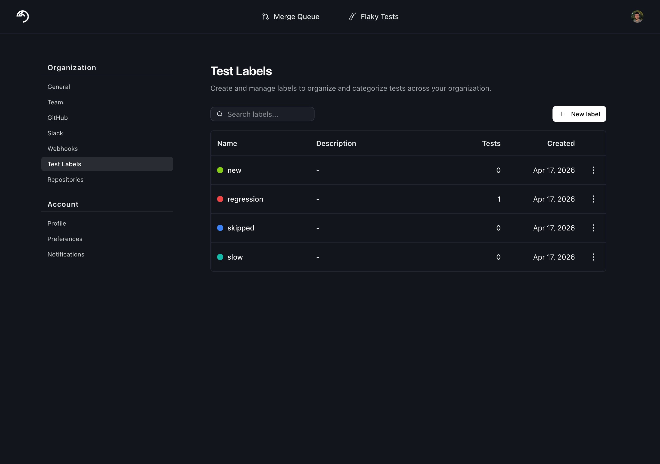 Labels applied to a test on details page