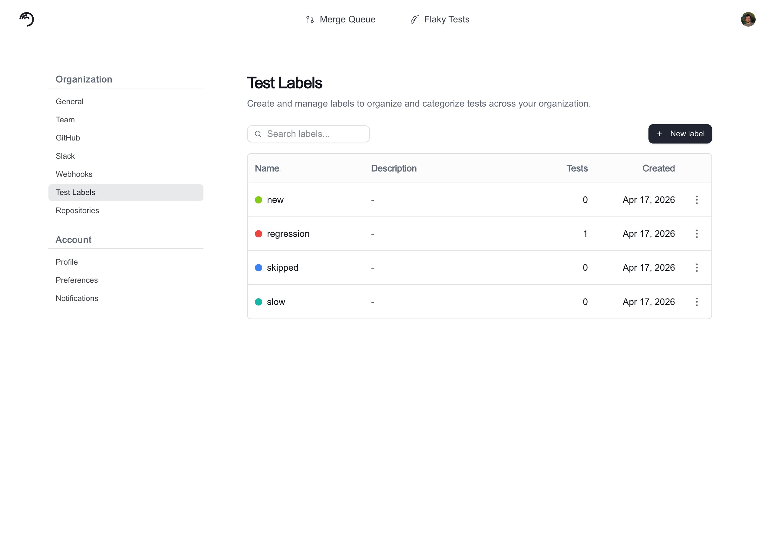 Settings page to manage test labels