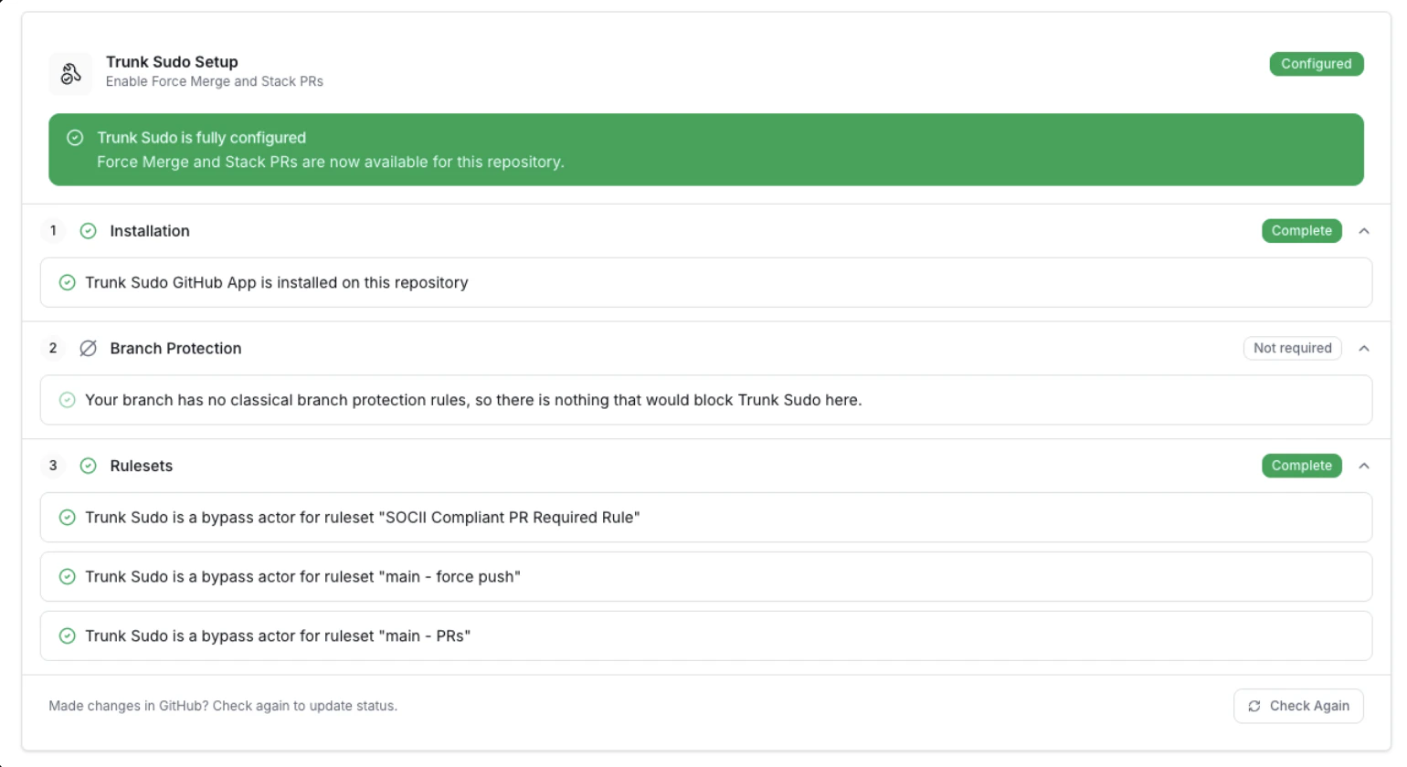 Trunk Sudo setup checklist in the Merge Queue settings page