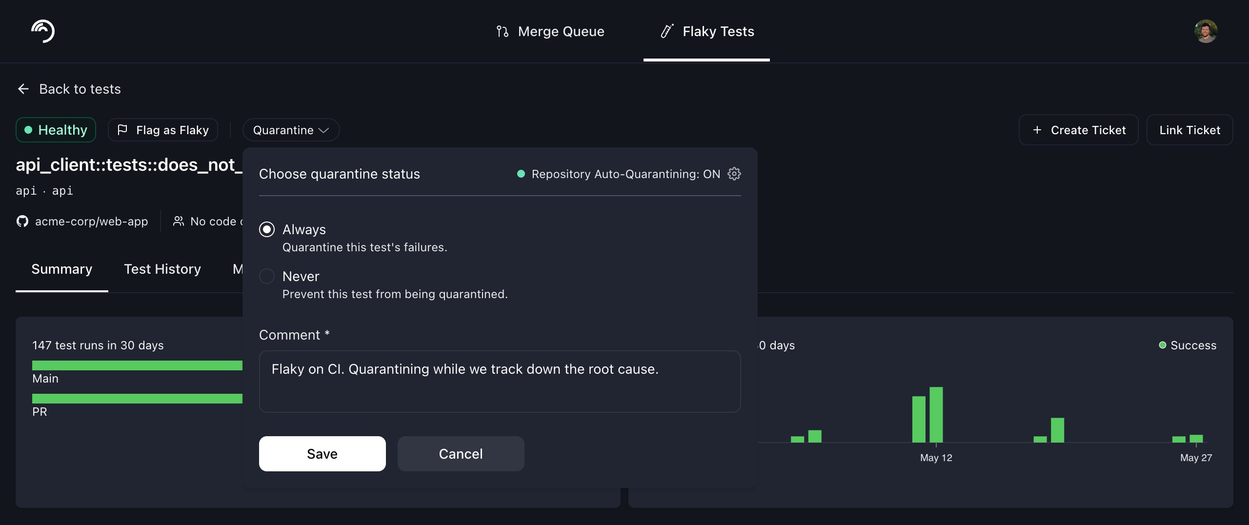 quarantine override on the test details page