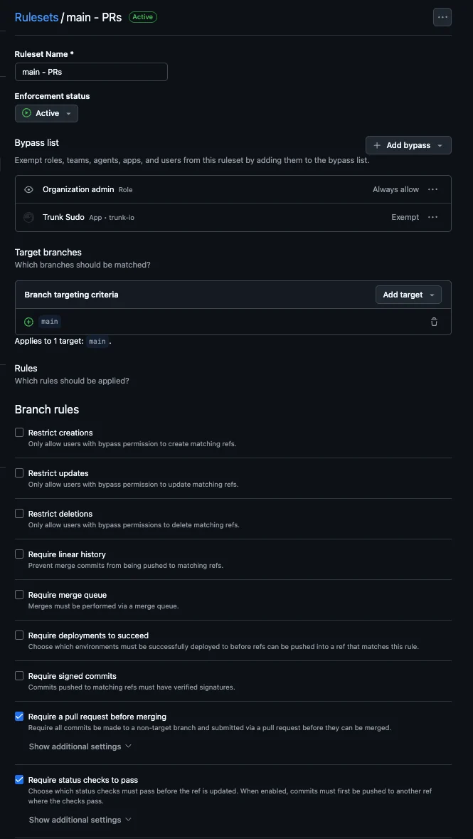 GitHub ruleset with Require a pull request before merging and Require status checks to pass enabled, Trunk.io not on the bypass list