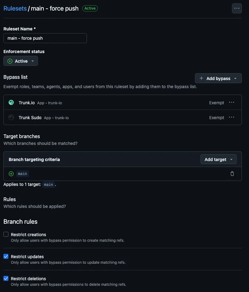 GitHub ruleset with Restrict updates and Restrict deletions enabled, Trunk.io and Trunk Sudo on the bypass list as Exempt