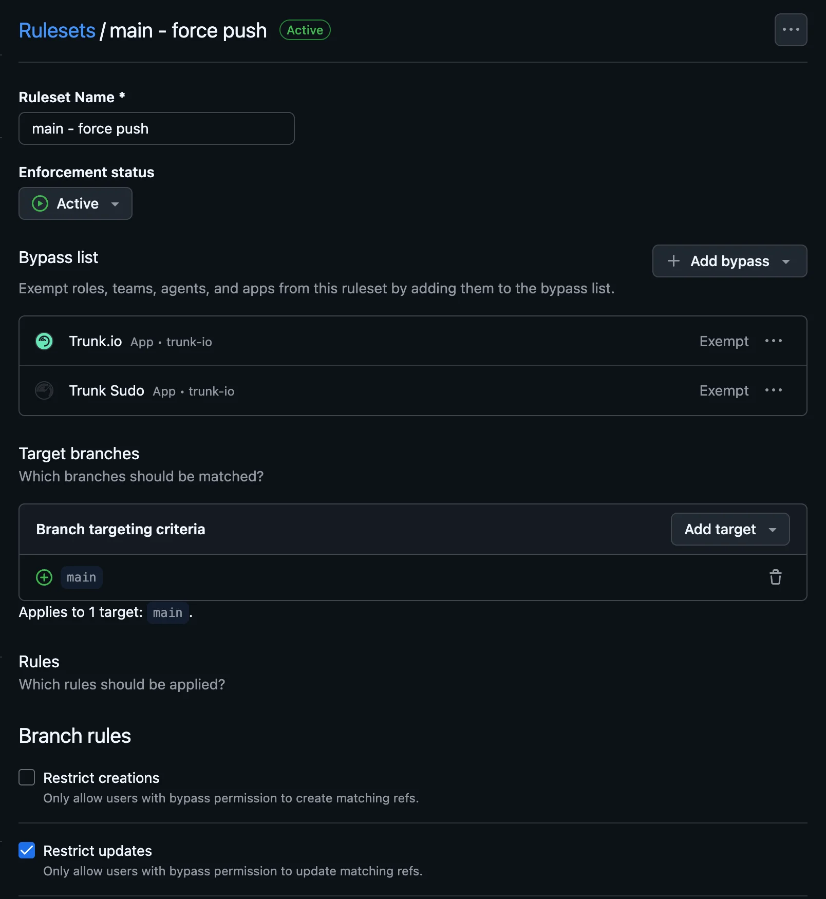 GitHub ruleset bypass list with Trunk Sudo set to Exempt