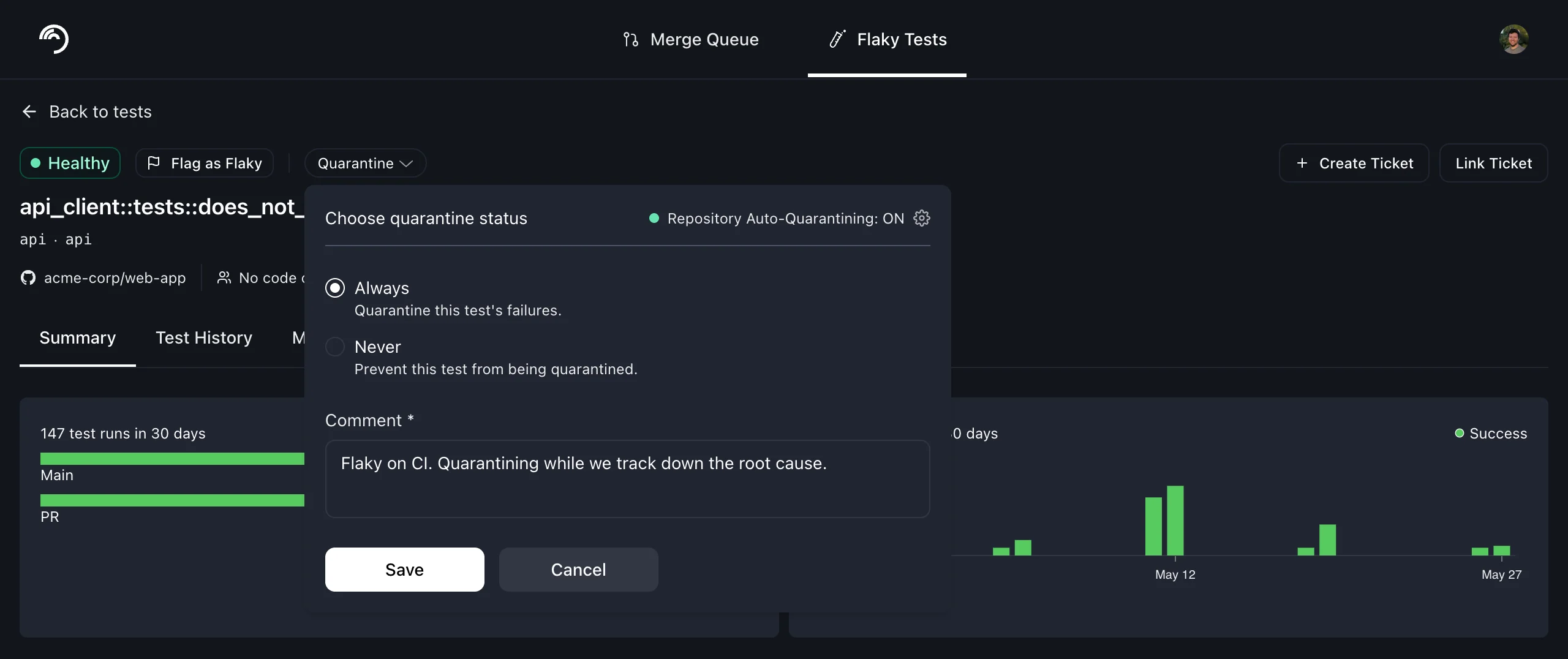 quarantine override on the test details page