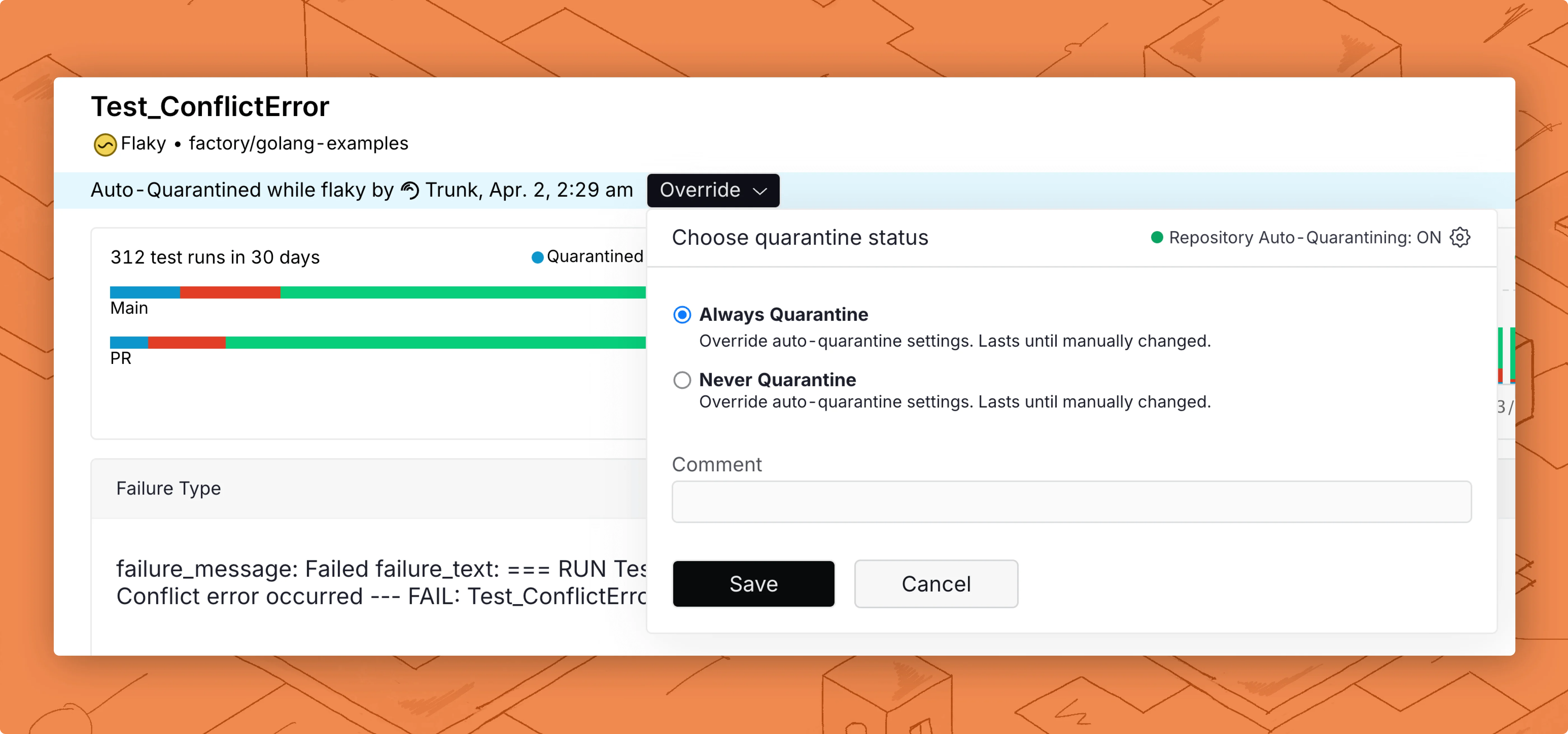 The override button is selected on the test details page with an open dialog that allows users to Always Quarantine or Never Quarantine the test. There is also a comment box, and save an cancel buttons