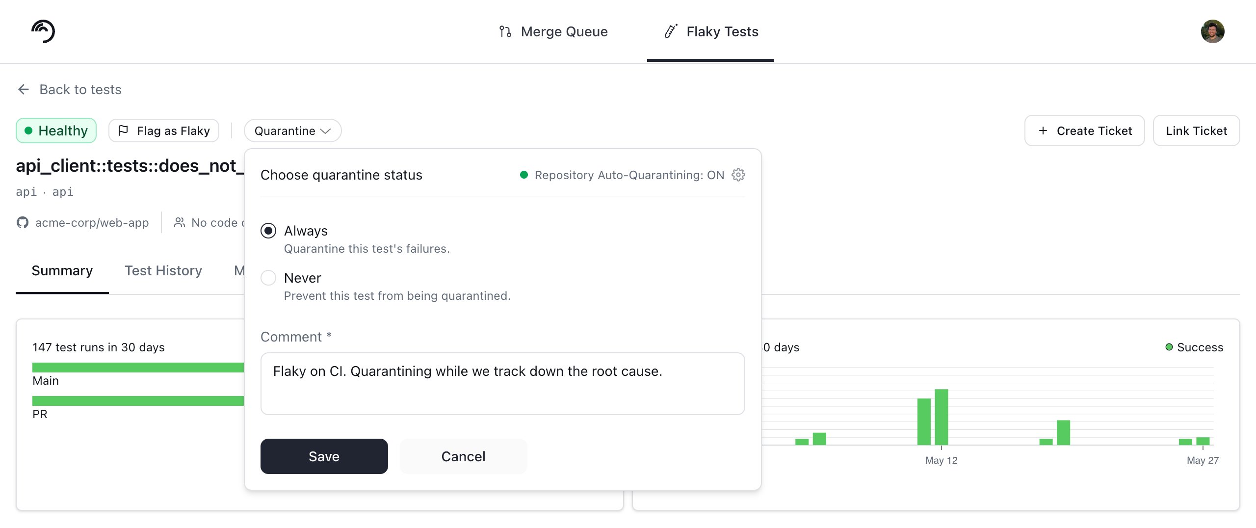 quarantine override on the test details page