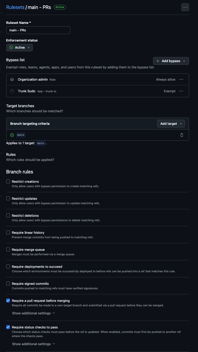 GitHub ruleset with Require a pull request before merging and Require status checks to pass enabled, Trunk.io not on the bypass list