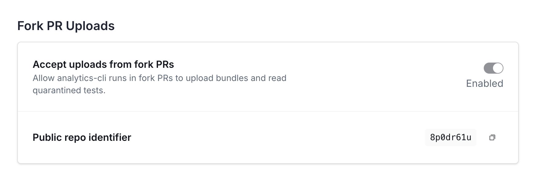 The Fork PR Uploads setting in a repository's Flaky Tests settings, showing the enabled toggle and the public repo identifier